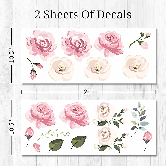 Decalcomania Flower Wall Decals - Set of 19 Pink White Rose Floral Bouquet Wall Stickers for Nursery Bedroom Living Room Decor Removable Peel and Stick Indoor Wall Decor