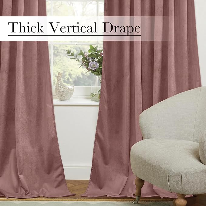 StangH Wild Rose Mauve Velvet Curtains 94 inches Long Back Tab Soft Thermal Insulated Privacy Nursery Bedroom Window Drapes Home Decor for Living Room Office, W52 x L94, 2 Panels