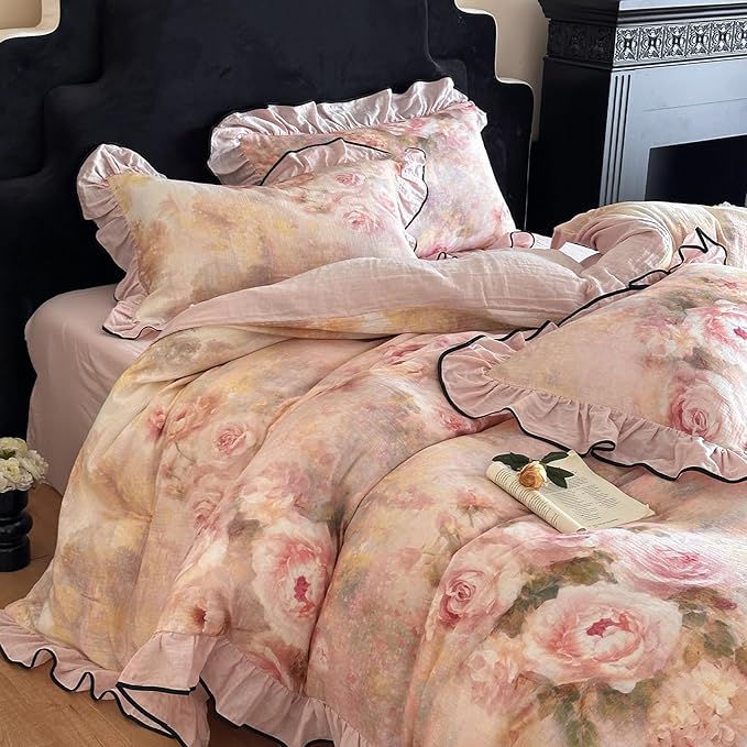 HighBuy Rose Floral Duvet Cover Twin Size,Linen Cotton Soft Coquette Ruffle Flower Bedding Duvet Cover Set,Jacquard Yarn-Dyed Shabby Chic Farmhouse Duvet Cover and Pillow Shams,Pink - Twin