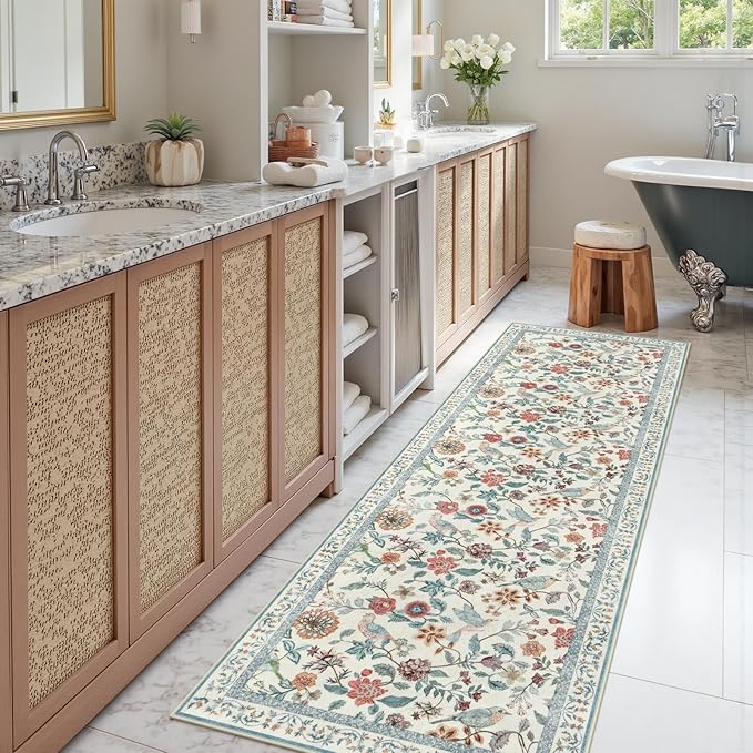 Blue Floral Runner Rug, 2x6 Washable Rug Runners for Hallways Non-Slip, Soft Low Pile Flower Birds Long Bathroom Mat Botanical Throw Carpet for Kitchen Laundry Entryway Porch