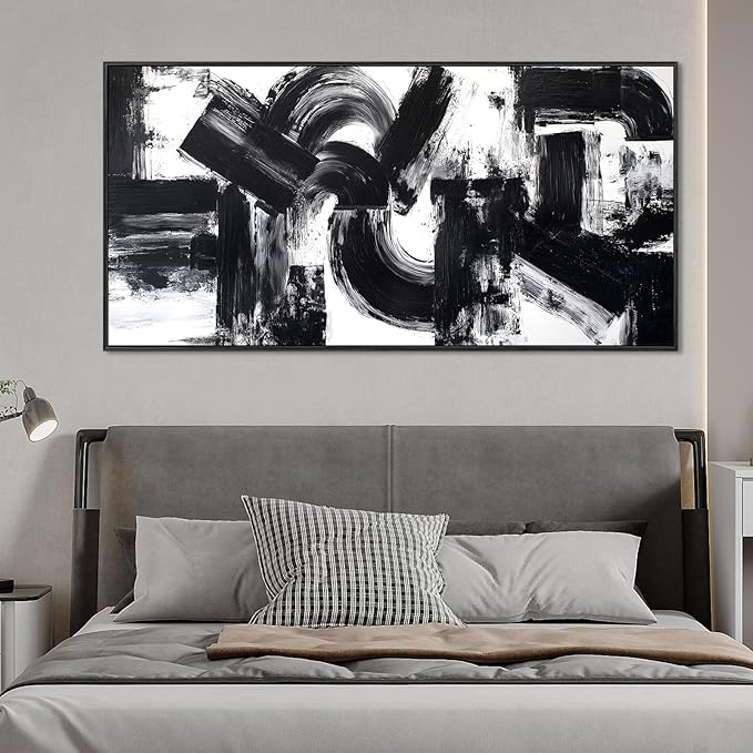 Framed Large Abstract Canvas Wall Art for Living Room, Neutral Black White Modern Art Prints, Minimalist Black Geometric Curves & Blocks Pictures Painting Artwork for Bedroom Office Wall Decor 28"x58"