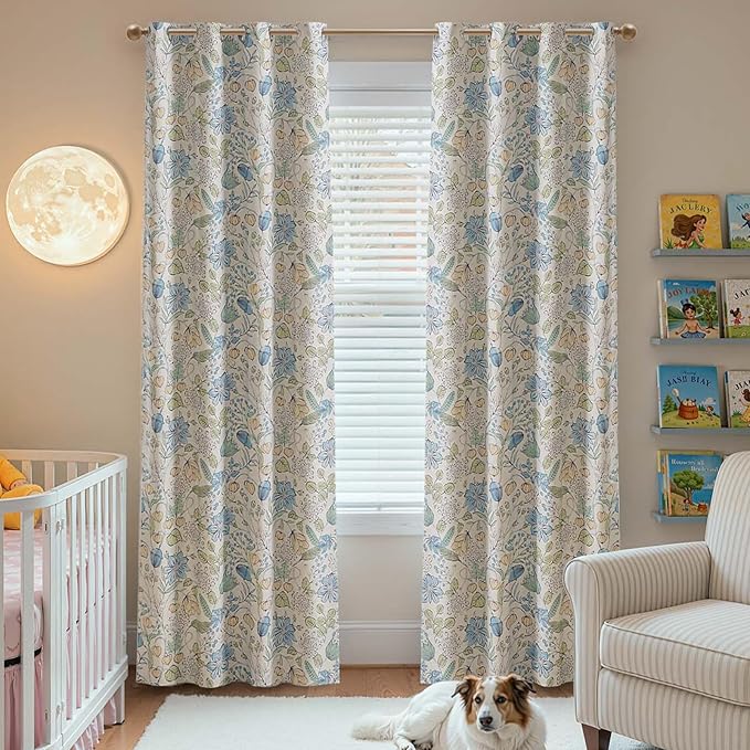 jinchan Nursery Curtains 95% Blackout Blue Floral Curtains for Kids Room, 84 Inch Length Farmhouse Drapes for Bedroom Living Room Darkening Window Treatment Grommet Top Set of 2 Panels