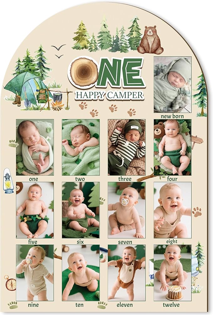 R HORSE My First Year Photo Display Wood Board - 3D One Happy Camper Baby's First Year Picture Frame, 12 Months Camping Milestone Board Neutral Keepsake Gift 1st Birthday Nursery Decor for Boy Girl
