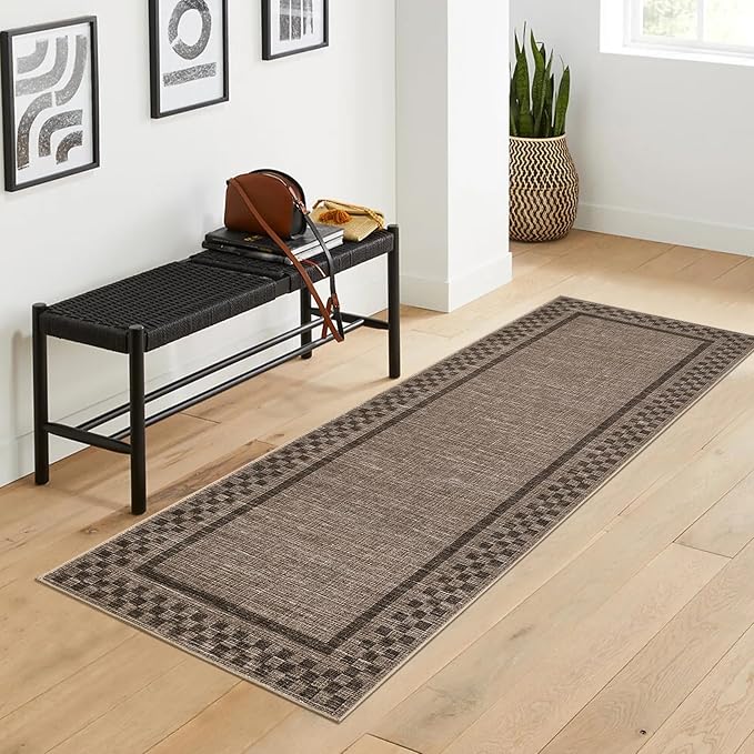 GarveeHome Runner Rug 2x6 for Kitchen Non Slip Washable Hallway Runner Rugs Modern Bordered Bathroom Throw Mat Soft Non Shedding Checkered Runners Geometric Area Rug for Bedside Living Room, Brown
