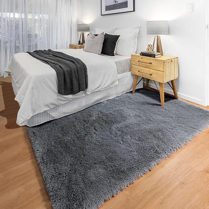 ONASAR Grey 3x5 Rugs for Bedroom, Fluffy Washable Gray Bedside Area Rug, Ultra Soft Shaggy Fuzzy Plush Small Floor Carpets for Living Room College Dorm Teen Kids Boys Home Decor Aesthetic