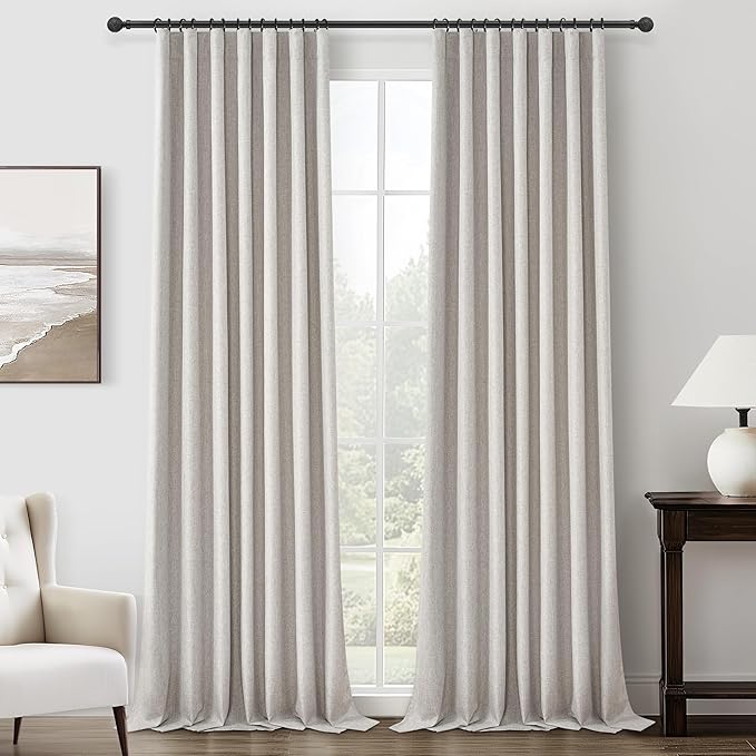 Pleat Linen Blend Room Darkening Extra Long Curtains 120 Inch Length 2 Panels Set for Living Room, Natural Melange Grey for Bedroom Windows Blackout Drapes Heat Blocking for Summer Heat (50"Wx120"L)