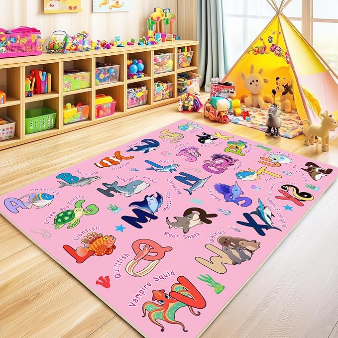 Kids Rug for Playroom, 4x5 Feet Educational Rug for Learn The ABC Alphabet, Soft Machine Washable Non-Slip Cute Marine Organisms Carpet for Classroom Toddler Nursery Kids Room Decor Mat, Pink