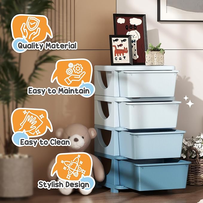 Qaba 4 Tier Kids Storage Unit, 4 Drawer Chest Toy Organizer Plastic Bins for Kids Bedroom Nursery Kindergarten Living Room for Boys Girls Toddlers, Blue