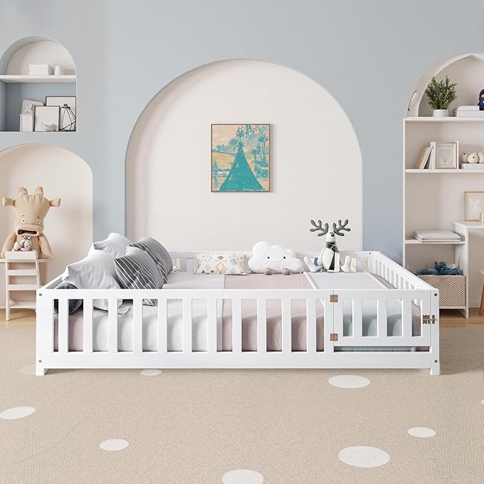Full Size Floor Platform Bed with Fence and Lockable Door, Wood Montessori Bed Frame with Slat Support for Kids,Girls,Boys, Easy to Assemble,White