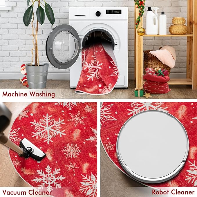4' Machine Washable Christmas Round Area Rug, Non-Slip Vintage Floral Circle Floor Rugs for Kids, Low Pile Room Carpet for Living Room, Bedroom, Dining Room & Nursery(4' Snowflake)