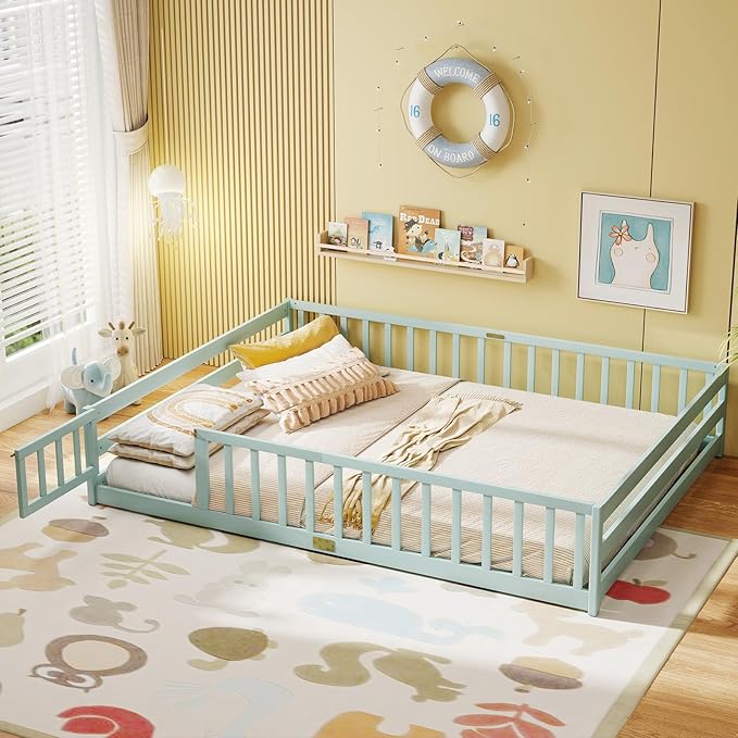 KOMFOTT Queen Size Wood Floor Bed with Door & Fence, Montessori Bed Frame with Full Length Safety Guardrails, Door & Latch, Wooden Montessori Floor Bed for Kids, Girls, Boys (Queen,Light Green)
