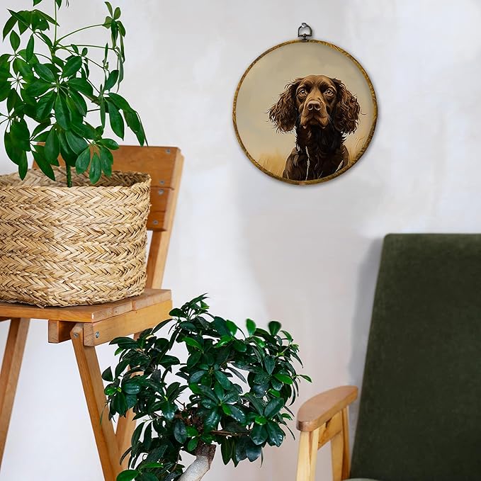 Hiuwevt English Cocker Spaniel Round Wall Art Decor, Rustic Hunting Dog Framed Canvas Prints, Cocker Spaniel Gifts Round Wall Hanging Decor for Home Bedroom Living Room Decorations, 10x10 Inches