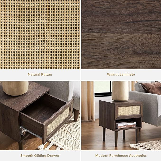 mopio Haylee Rattan Side Table, Small Accent Tables for Living Room, Mid Century Modern Night Stand, Bedside Tables, Wood Nightstands for Bedroom (Walnut, Single)