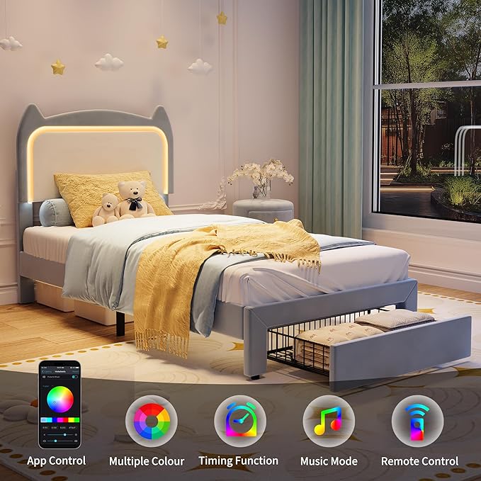 Twin Size Princess Bed Frame with LED Lights & Storage Drawer - Blue Velvet Upholstered Cat Headboard Platform Bed for Kid- Sturdy Wood Slats, No Box Spring Needed, App & Remote Control, Blue & White
