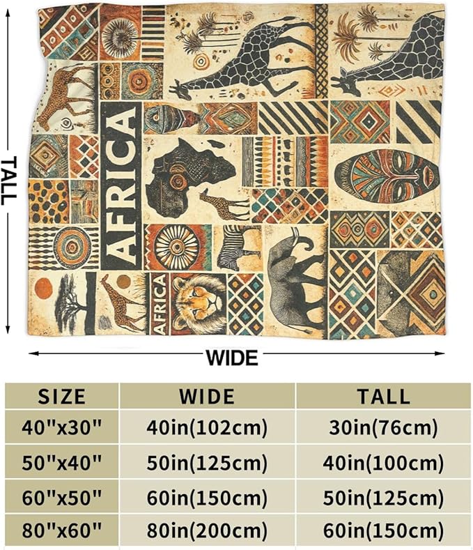 African Tribal Map Ethnic Pattern Blanket Vintage African Safari Animals Throw Blanket Soft Cozy Fleece Fuzzy Plush Warm Stuff Bedding Blankets Gifts for Boys Girls Kids Adult Men Women 40"X50"