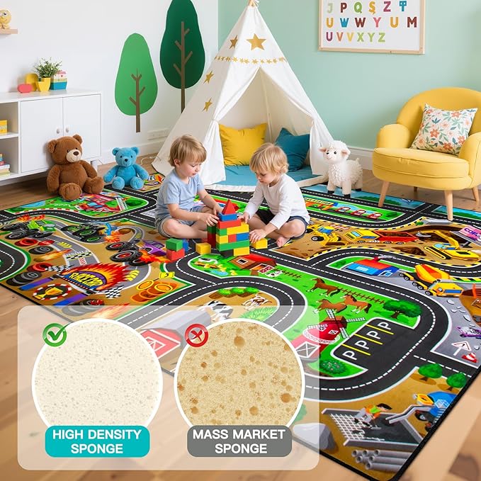 Kids Rug, 5x7 FT Non-Slip Monster Truck Play Rug, Extra Thick (0.4in), Educational LearningTraffic Road Car Carpet for Nursery, Classroom, Playroom & Bedroom