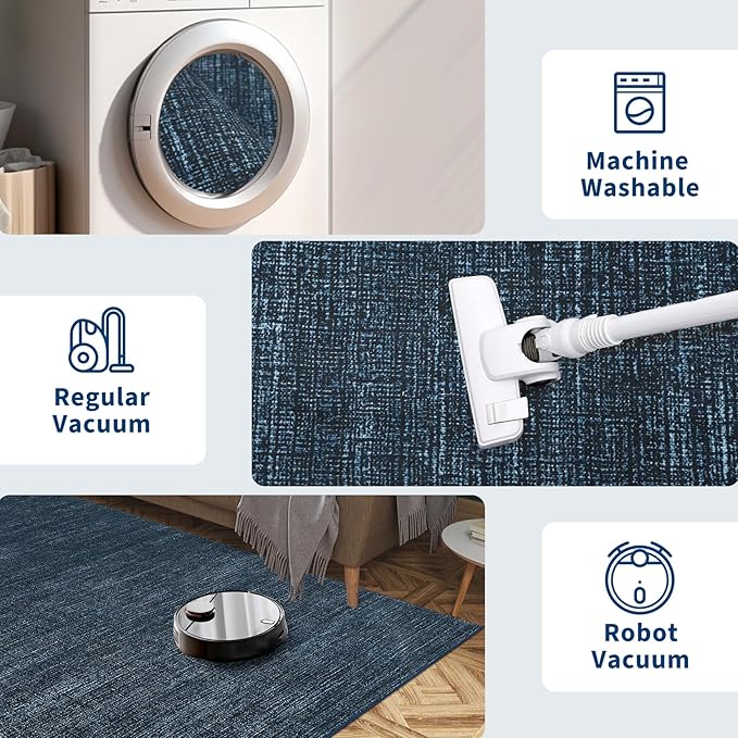 9x12 Area Rugs for Living Room Washable Solid Large Bedroom Rugs Non Slip Soft Modern Abstract Dining Room Throw Carpet Minimalist Classic Plain Area Rug for Nursery Kitchen Home Office, Navy