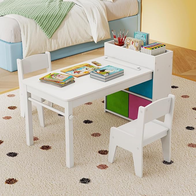 Costzon Kids Table and Chairs, 3 in 1 Wooden Art Drawing Desk Set w/ 4 Fabric Bins, Multiple Open Storage Compartments & a Paper Roll, Toddler Table and Chair Set for Children Playroom(White)