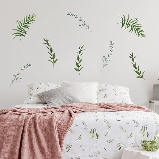 Decalcomania Greenery Leaves Wall Decals - Set of 12 Large Green Leaf Wall Stickers for Kitchen Bedroom Living Room Laundry Bathroom Decor Removable Peel and Stick Indoor Wall Decor