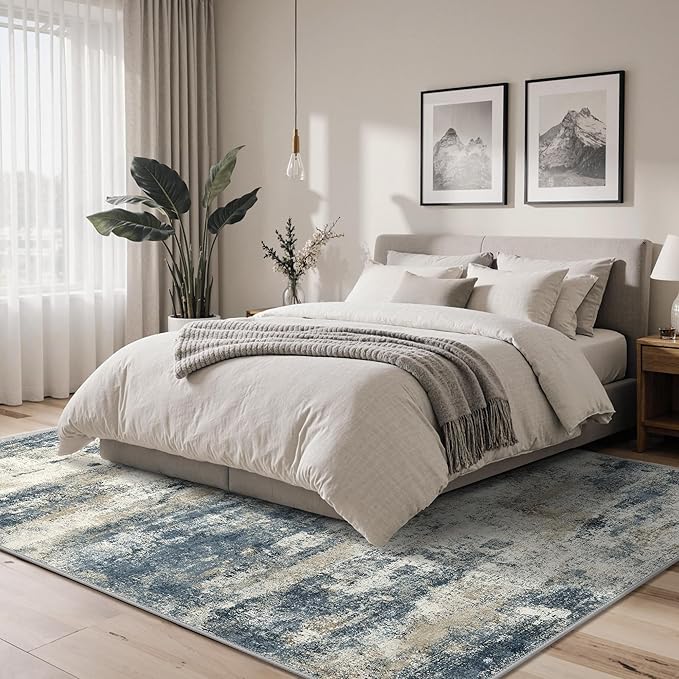 GENIMO Abstract Area Rug 5x7, Washable Modern Rug Non Slip, Low Pile Lightweight Soft Large Carpet for Living Room, Bedroom, Dining Room, Navy Blue