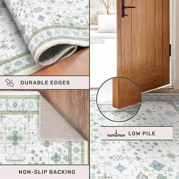 Blue and Green Washable Rugs for Living Room - 4x8 Vintage Boho Floral Pastel Cream, Washable Low Pile Non Slip Area Rug for Bedroom Beside Bed, Door Mat Indoor Entrance, Kitchen, Decor