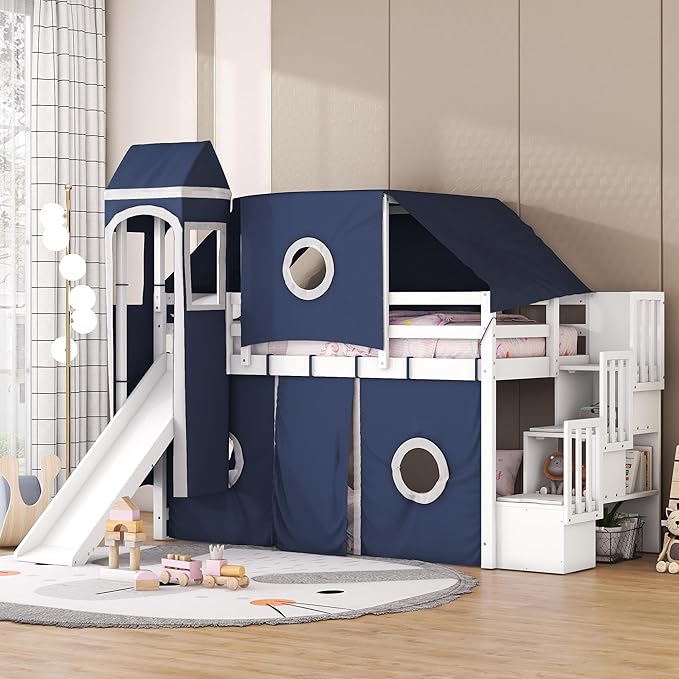 Playhouse Twin Size Low Loft Bed with Slide & Tent and Tower, Solid Wood Tent Bed Frame with Storage Staircase for Kids Teens Boys Girls, Versatile Spacious Under Bed Space with Curtains (Blue-TST)