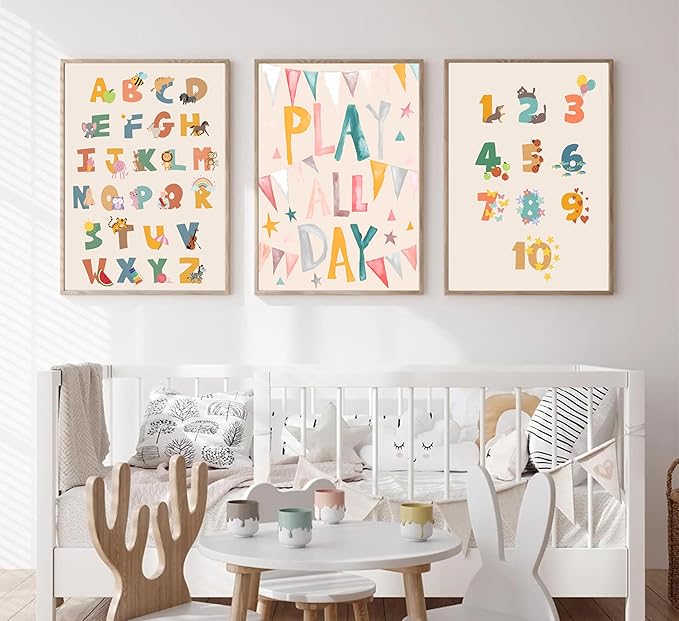 Burshley 3pcs Children Playroom Wall Art Canvas Prints ABC Learning Posters Play All Day Flags 123 Counting Paintings Colorful Educational Kids Wall Decor Nursery Kindergarten Decoration Unframed