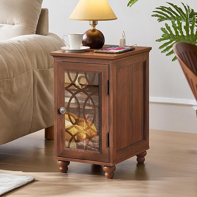 Narrow Side Table with Charging Station Set of 2, Night Stand with Glass Door,Bedside End Tables with Adjustable Shelf Storage Cabinet,Wood Nightstand for Small Spaces Living Room Bedroom