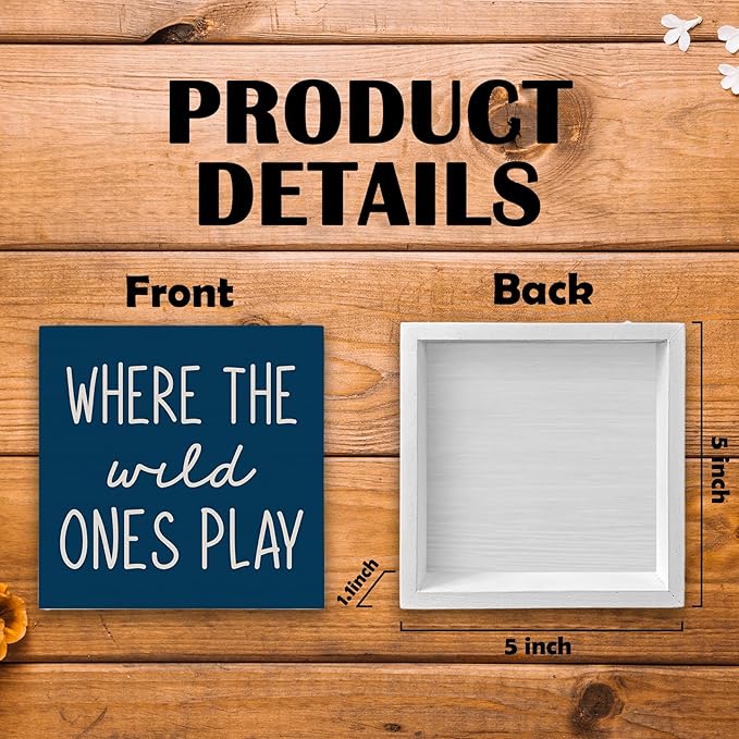 Where The Wild Ones Play Navy Blue Wood Box Sign Desk Decor 5X5, Nursery Kids Room Wooden Block Sign Decorations for Playroom Toddler Boys Girls Room Wall Tabletop Shelf Decor