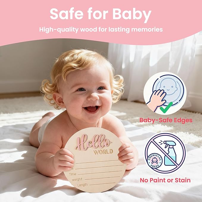 Baby Announcement Sign with Pen, 5.9 Inch Wooden Hello World Newborn Sign for Hospital, 3D Birth Announcement Board, Welcome Baby Name Signs for Nursery, Newborn Gift for Boy & Girl,Pink