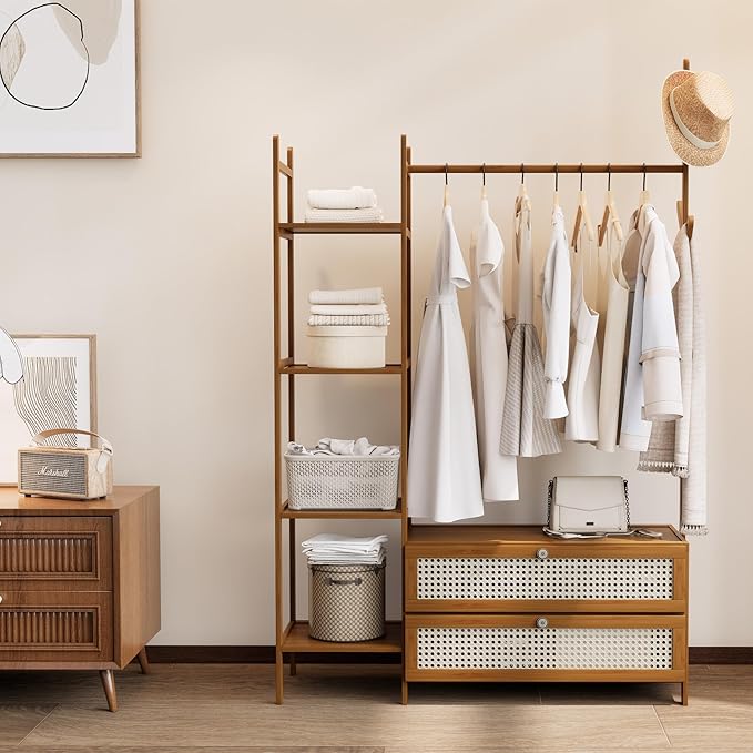 Bamboo Clothes Rack,Garment Rack with Drawers and Shelves,5 Tier Storage Shelves with 6 Hanging Hooks,Wardrobe Closet for Entryway Guestroom Kids Bedroom (39.4inch Width Tawny with Rattan Door)