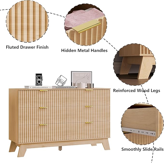 6 Drawer Dresser for Bedroom, Fluted Dressers Chest of Drawers with Gold Handle, Mid Century Modern Dresser for Closet, Wood Closet Storage Organizer Furniture for Bedroom, Living Room, Natural