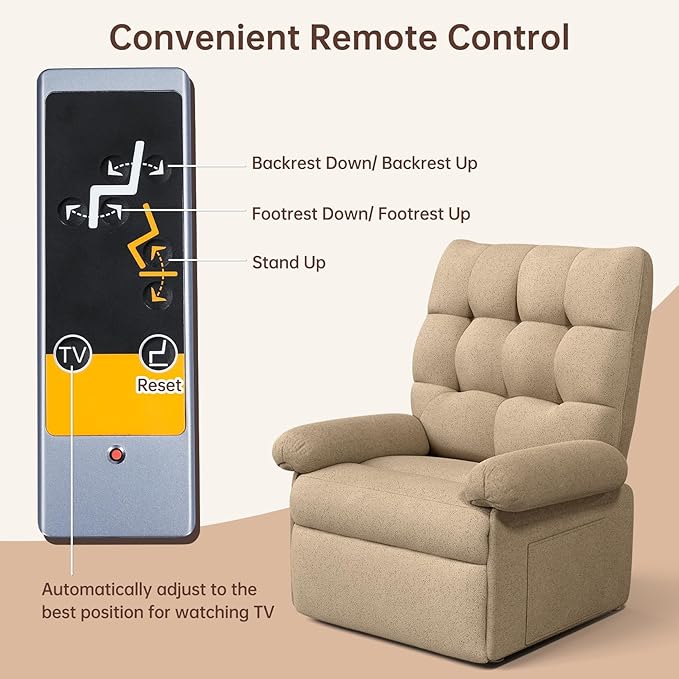 Power Recliner Chair for Elderly, Lift Chairs Triple Motor with Infinite Position, Seniors Electric Stand Assist, Single Sofa with Side Pockets for Living Room, Beige-Brown