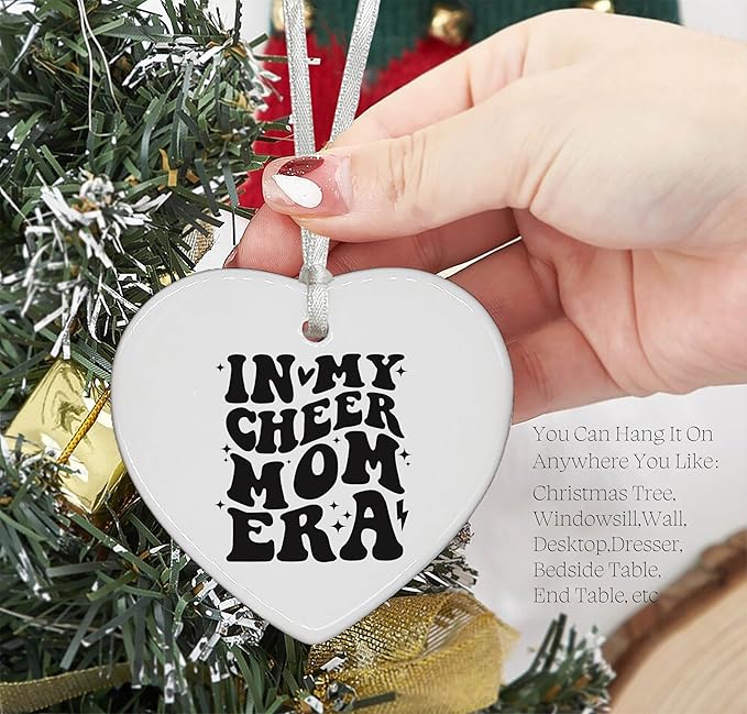 Heart Shaped Ornament-Cheer Mom Gift-Stage Mom Cheerleading Present for Women-Motivational Keepsake Birthday or Christmas Home Decor-Ceramic Ornament with Inspirational Quote in My Cheer Mother Era
