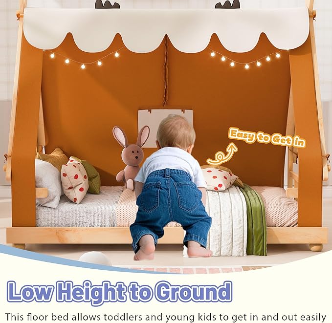 Twin Size Floor Bed with Tent and Light, Wooden Montessori Bed Frame with Roof Design, Low Profile Beds for Kids, Boys and Girls, Brown