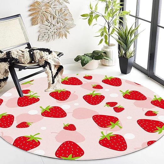 6Ft Strawberry Round Rug Kwaii Pink Circle Rugs for Bedroom Dorm Living Room Cute Area Rug Floor Mat Pad Doormat Carpet, 6'X6'(180x180cm)