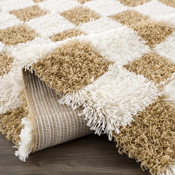 Hauteloom Atira Contemporary Checkered Fluffy Shag Runner Rug - Modern Geometric Carpet Tiles for Hallway, Kids Room - Plush Pile Carpet Squares - Light Mustard,Cream - 2'7" x 10'