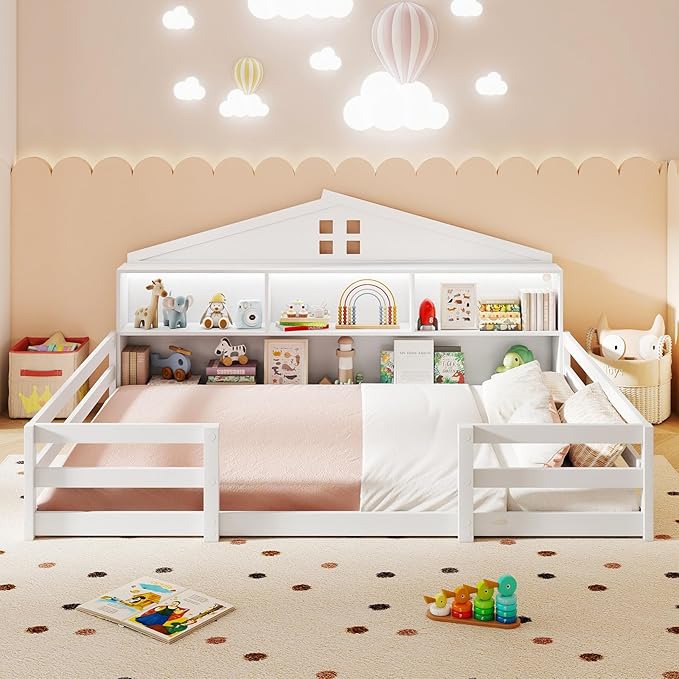 Giantex Full Size Montessori Floor Bed with LED Lights, 2-in-1 Wooden House Bed Frame with Safety Guardrails, Storage Compartments & Shelf, No Box Spring Needed, Without Slats, White