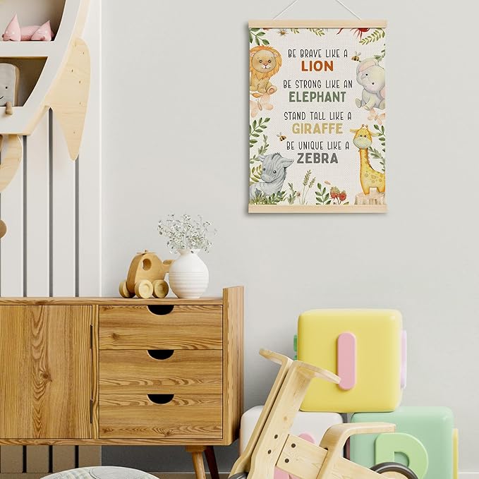 MOTERMATE Tropical Safari Nursery Wall Art Poster, Jungle Woodland Nursery Decor, Inspirational Canvas Poster Hanger Frame, Safari Baby Animal Nursery Wall Hanging Banner Decor for Classroom, 12x16 In