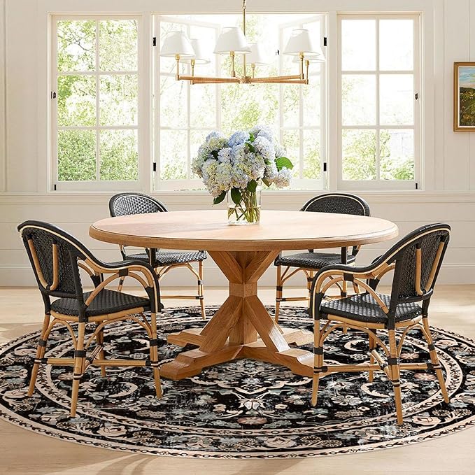 Vhong Boho Area Rugs Vintage Washable Modern Neutral Carpet Black 8×8 High Traffic Round Rugs for Dinning Room Living Room Bedroom Farmhouse Non Slip