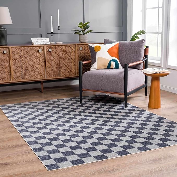 BoutiqueRugs Alia Gray Modern Checkered Runner Rug - Contemporary Geometric Carpet for Hallway, Nursery, Girls Boys Room - Machine Washable - Ivory, Blue, Gray - 2'7" x 7'3" (2x8)