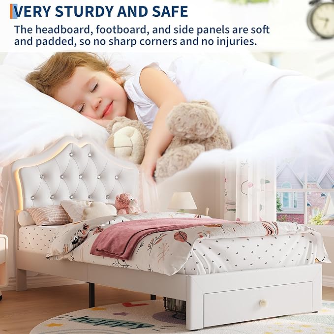 Garvee Twin Size Bed Frame with LED Lights & Velvet Crystal Button Headboard, Upholstered Boy/Girl Platform Bed with Storage Drawer, Noise Free, No Box Spring Needed for Kids, Teens, Beige
