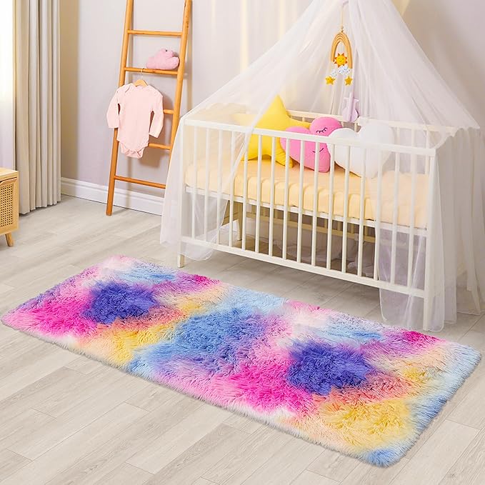Hot Pink Rainbow Rug for Girls Bedroom Runner 2x6, Fluffy Soft Bedroom Runner Rug for Bedside, High Pile Plush Shag Carpet for Kids Room Living Room Hallway Nursery Unicorn Home Decor Tie Dyed