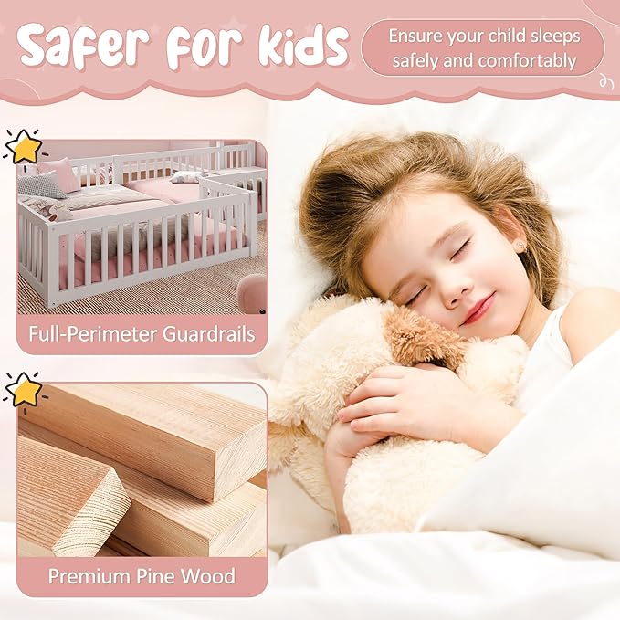 Harper & Bright Designs Full Size House Shaped Double Floor Bed with Door and Full-Length Guardrails, Solid Wood Kids Montessori Floor Bed for Girls Boys, Multi-Function, White