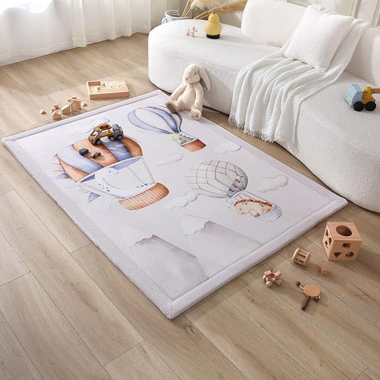 Stylish Coral Baby Play Mat for Floor 47" x 67" Dinosaur Balloons – Soft 1" Thick High-Density Memory Foam Nursery Rug,Kids Rug with Non-Slip Backing for Crawling & Playing, Playroom Rug, Kids Carpet