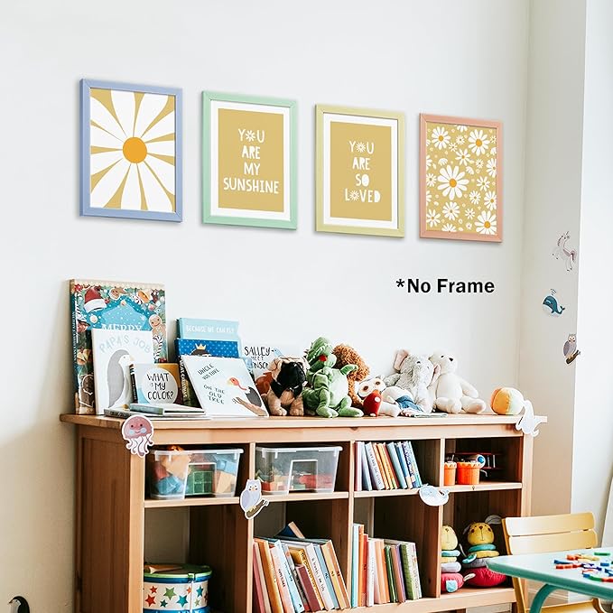 AEHIE Boho Yellow Daisy Flower Decor Wall Art Print, You Are My Sunshine Poster Prints for Baby Girls Room Nursery Decor, Spring Aesthetic Floral Wall Art Print for Home, 4pcs 12x16inch