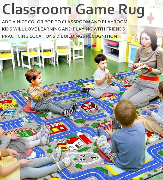 Kids Carpet Playmat Rug 6'6''x9'8'', Kids Rugs for Bedroom, Non-Slip Town City Road Map Car Rugs for Kids Toy Cars, Track Carpet Play Rug for Playroom Classroom Decor (Blue)