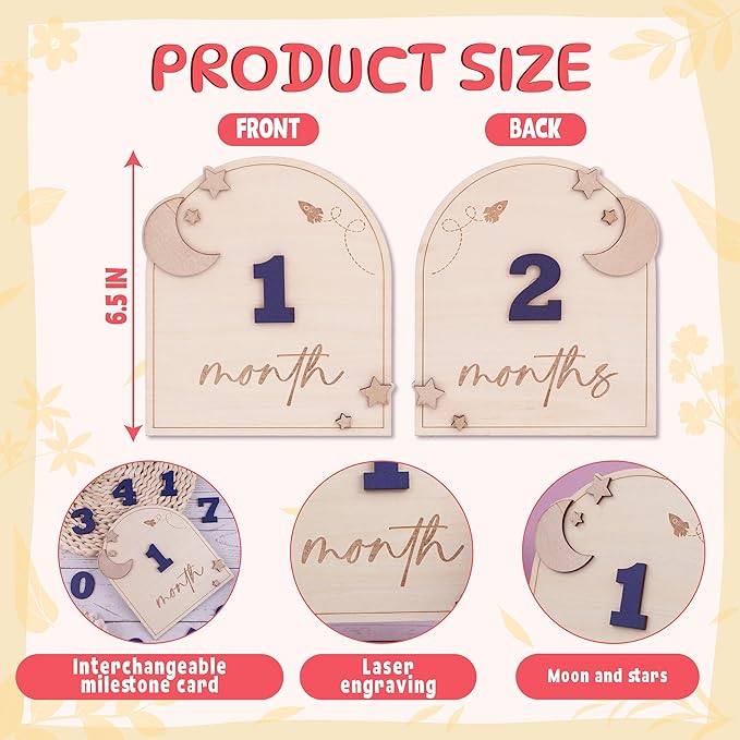Wooden 3D Baby Monthly Milestone Cards Monthly Milestone Discs Newborn Photography Props Baby Announcement Sign Baby (Moon)