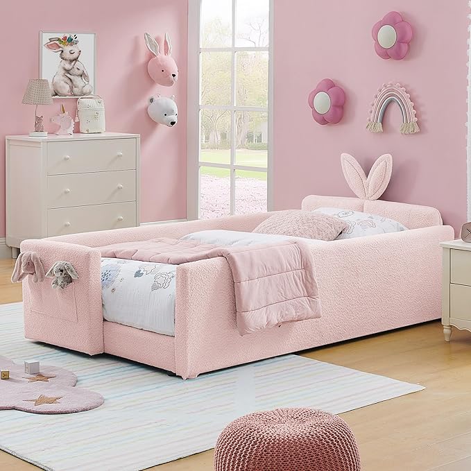DEINPPA Twin Size Platform Bed Frame with Rabbit Ear Shaped Headboard and Pocket, Boucle Upholstered Bed Frame with Guardrail for Children Kids Boys Girls-Pink