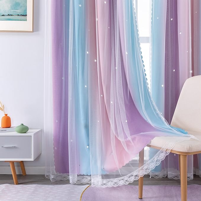 XiDi Curtains for Girls Bedroom Decor 2 Panels Set Kids Rainbow Blackout Curtains for Nursery Room Darkening Princess Unicorn Wall Decals Little Girl Room Pink Purple 34Wx79L